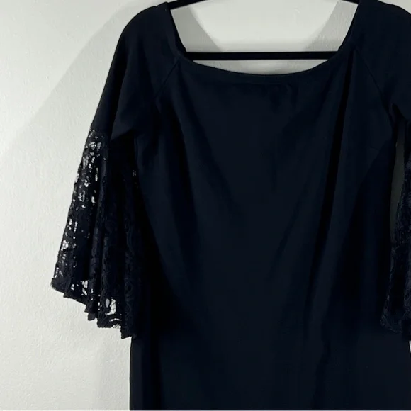 BAR III Women’s Size L Black Midi Dress Lace Bell Sleeves - Picture 2 of 7